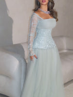 Blue Square Neck Lace Long Sleeve Sequins Sparkle Tulle A-Line Evening Dress