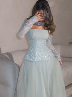 Blue Square Neck Lace Long Sleeve Sequins Sparkle Tulle A-Line Evening Dress