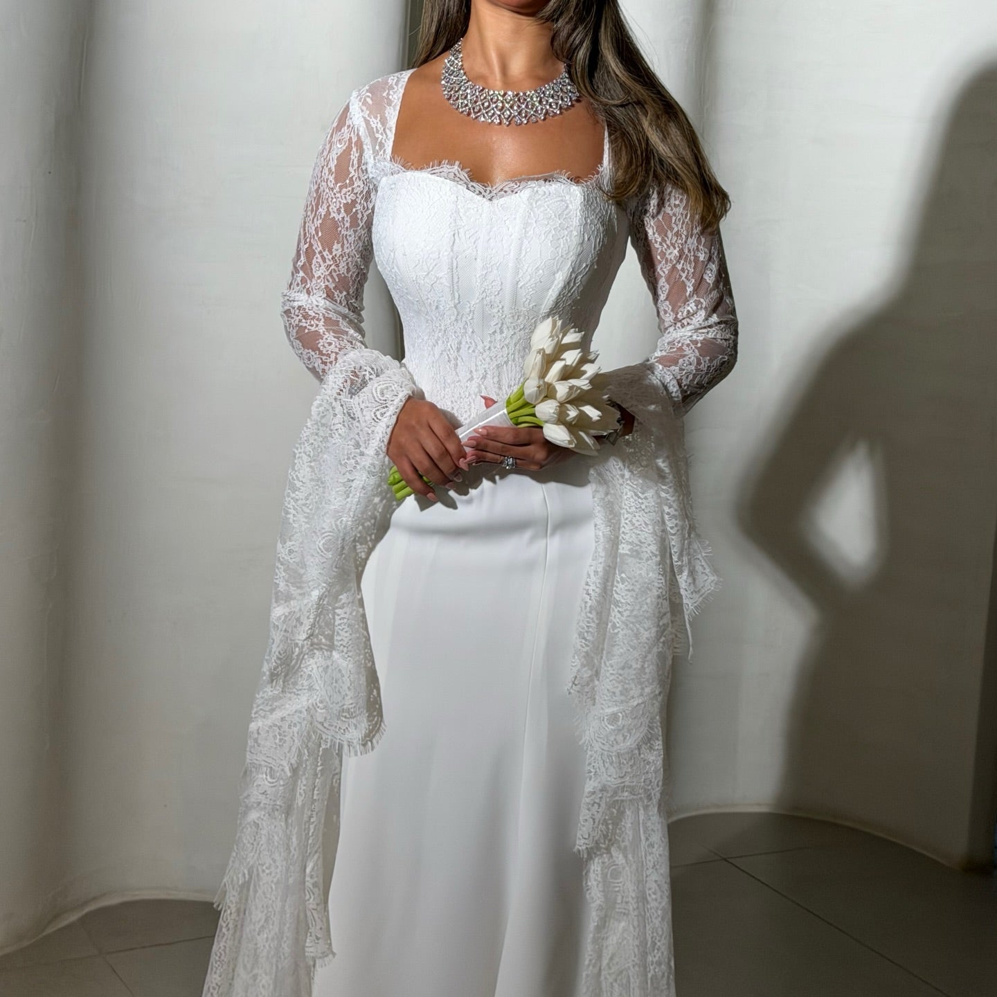 Square Neck Lace Long Sleeve Mermaid Floor-Length Wedding Dress