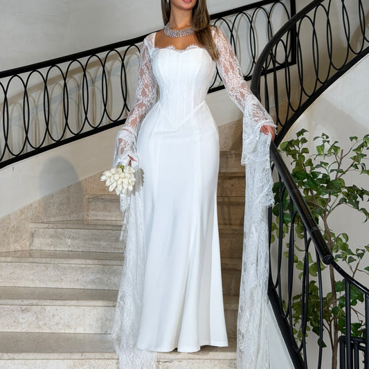 Square Neck Lace Long Sleeve Mermaid Floor-Length Wedding Dress