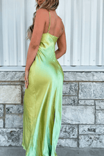 Green Spaghetti Straps Sheath Appliques Satin Prom Dress