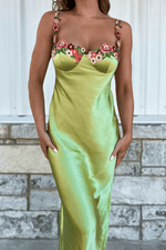 Green Spaghetti Straps Sheath Appliques Satin Prom Dress