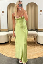 Green Spaghetti Straps Sheath Appliques Satin Prom Dress