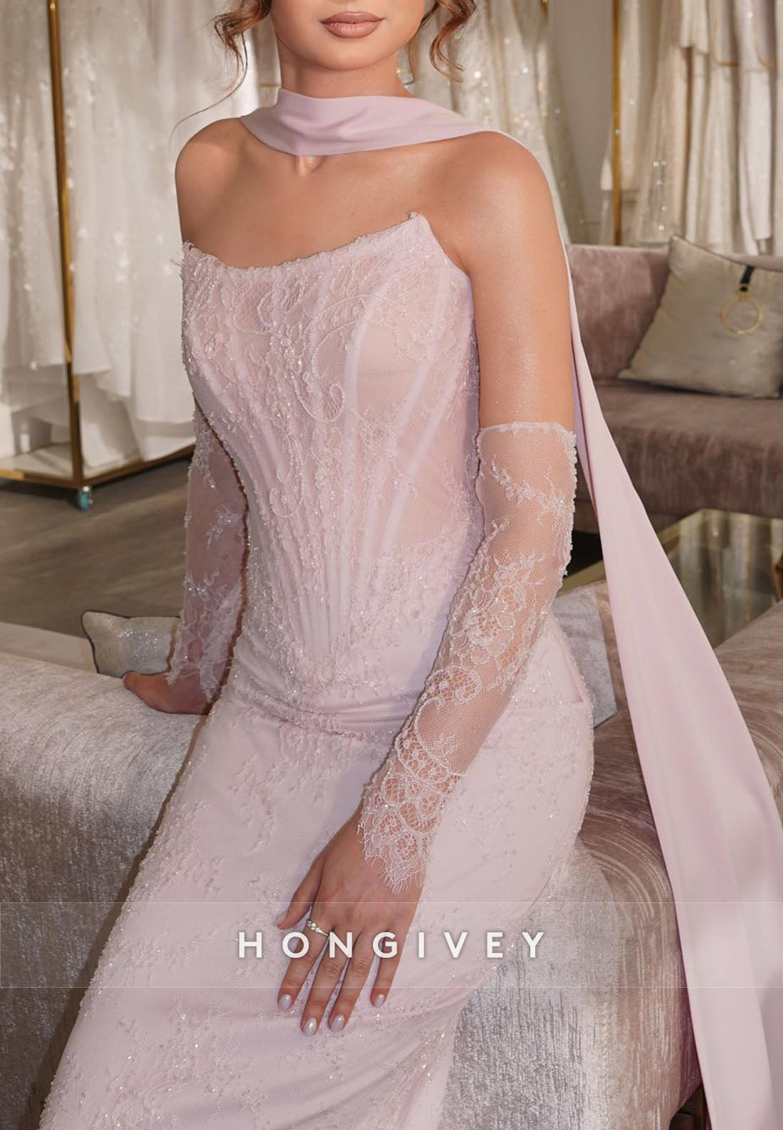 Sheath Pale Blush Lace Strapless Evening Gown with Hanging Neck Scarf