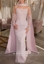 Sheath Pale Blush Lace Strapless Evening Gown with Hanging Neck Scarf
