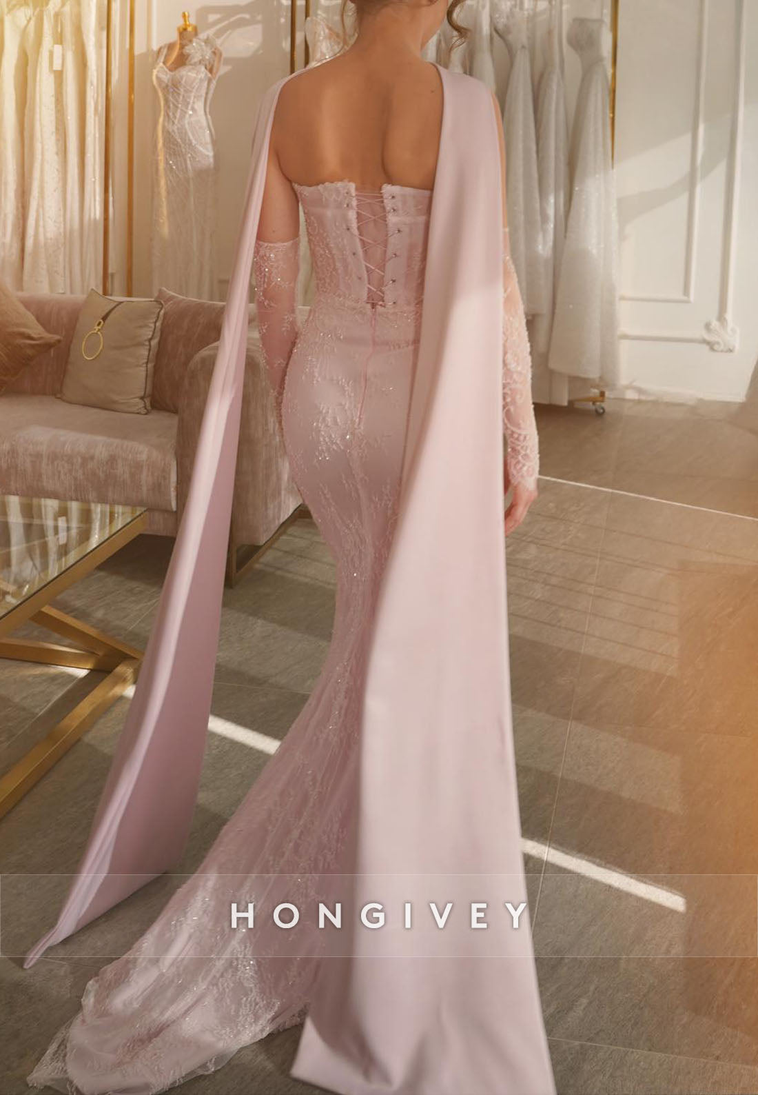 Sheath Pale Blush Lace Strapless Evening Gown with Hanging Neck Scarf