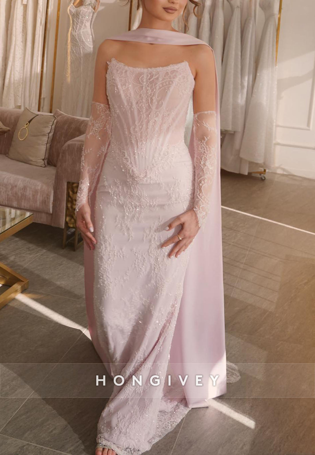 Sheath Pale Blush Lace Strapless Evening Gown with Hanging Neck Scarf