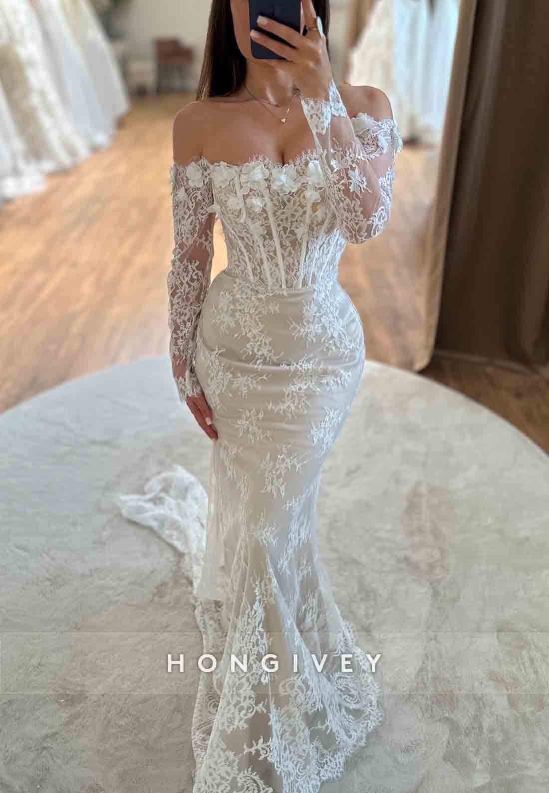 Off the Shoulder Long Sleeves Sweep Train Lace Flowers Mermaid Wedding Dresses