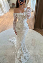 Off the Shoulder Long Sleeves Sweep Train Lace Flowers Mermaid Wedding Dresses