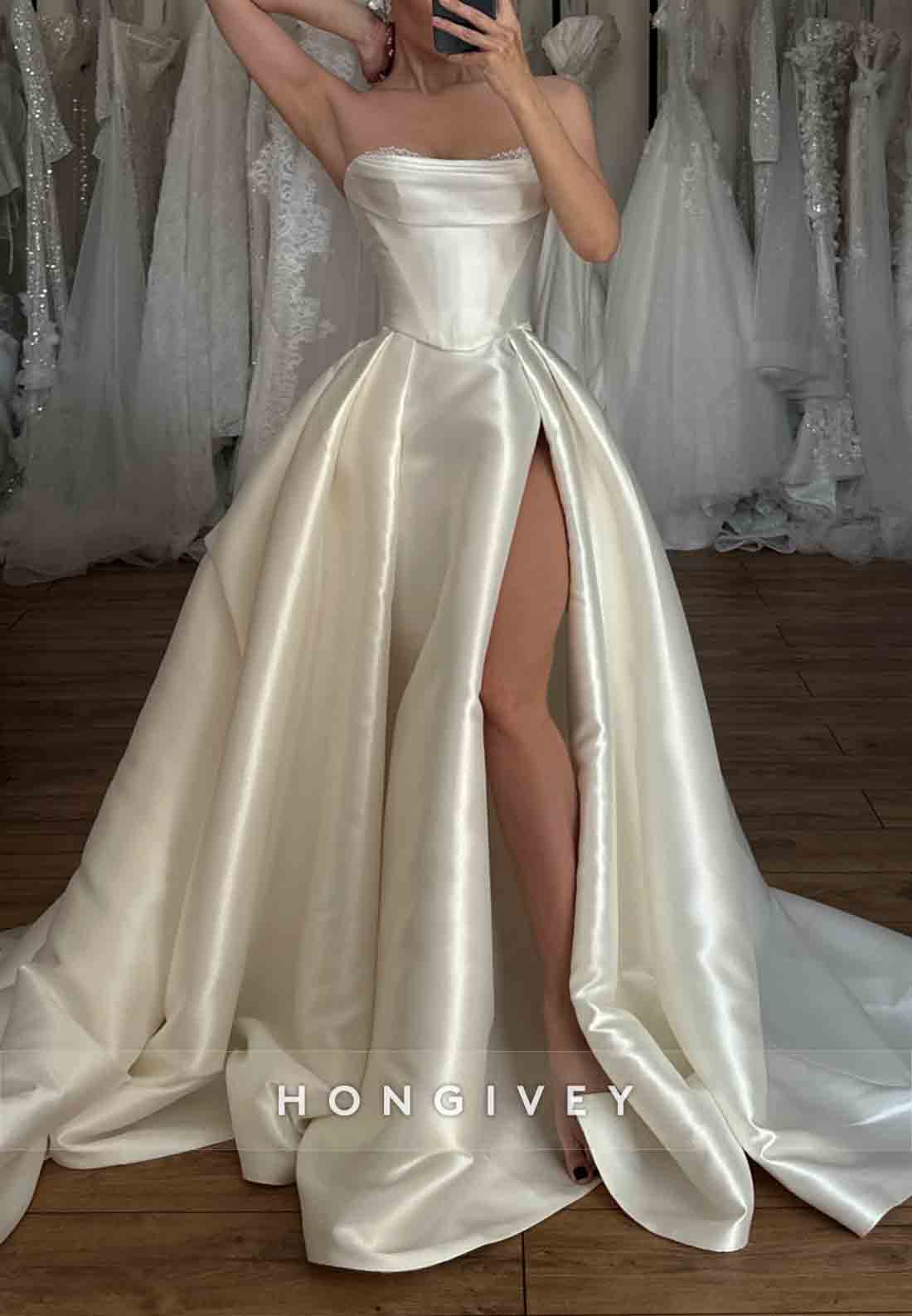 Simple Strapless Satin Pleated High Slit Sleeveless Court Train Wedding Dresses