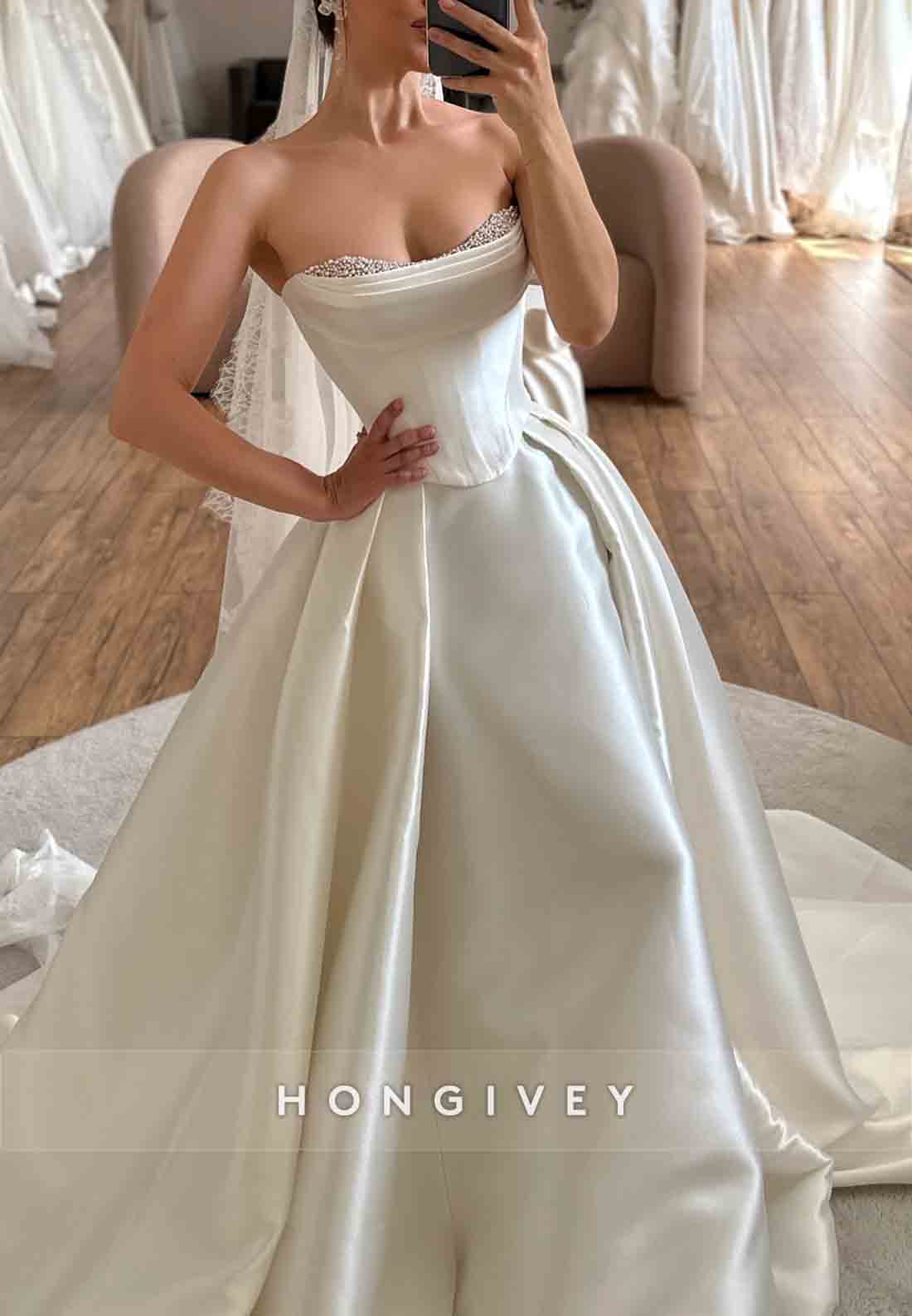 Simple Strapless Satin Pleated High Slit Sleeveless Court Train Wedding Dresses