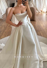 Simple Strapless Satin Pleated High Slit Sleeveless Court Train Wedding Dresses