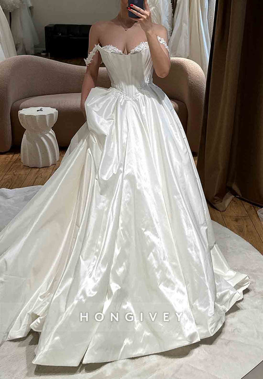 Off the Shoulder Satin Empire Princess Pleated Court Train Wedding Dresses