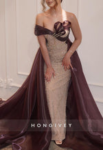Sparkly Off the Shoulder Sheath Evening Gowns with Beading