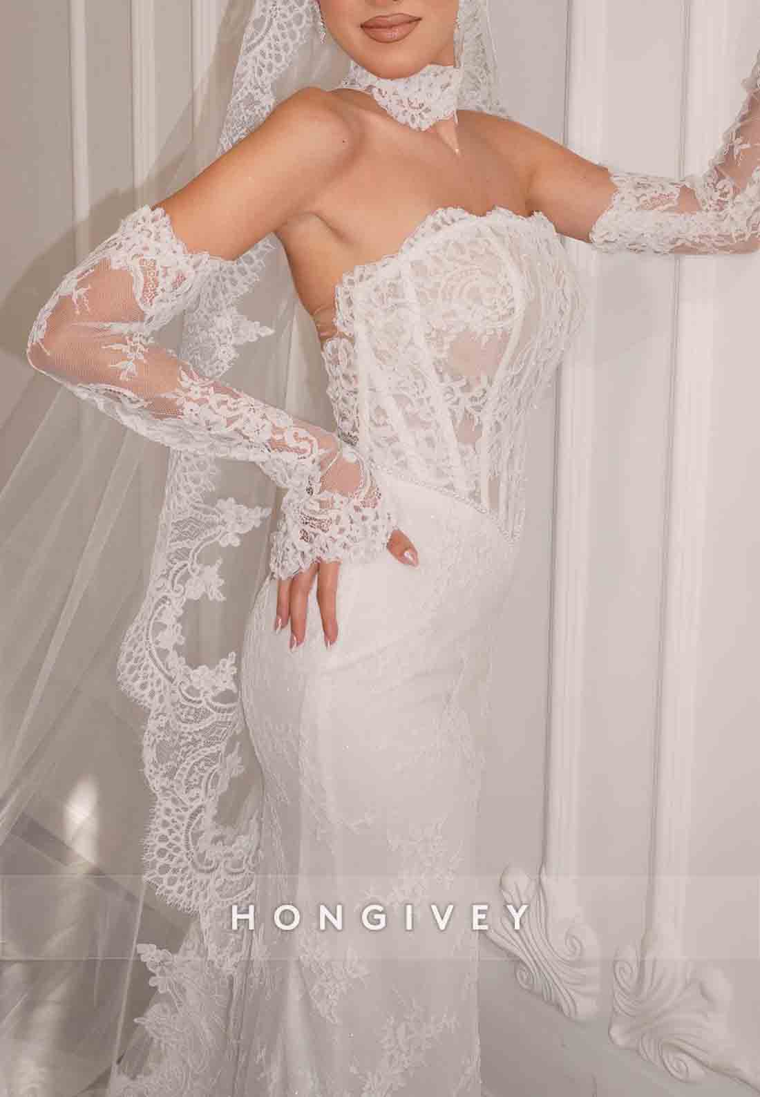 Strapless Mermaid Bridal Gown Lace Court Train Wedding Dresses