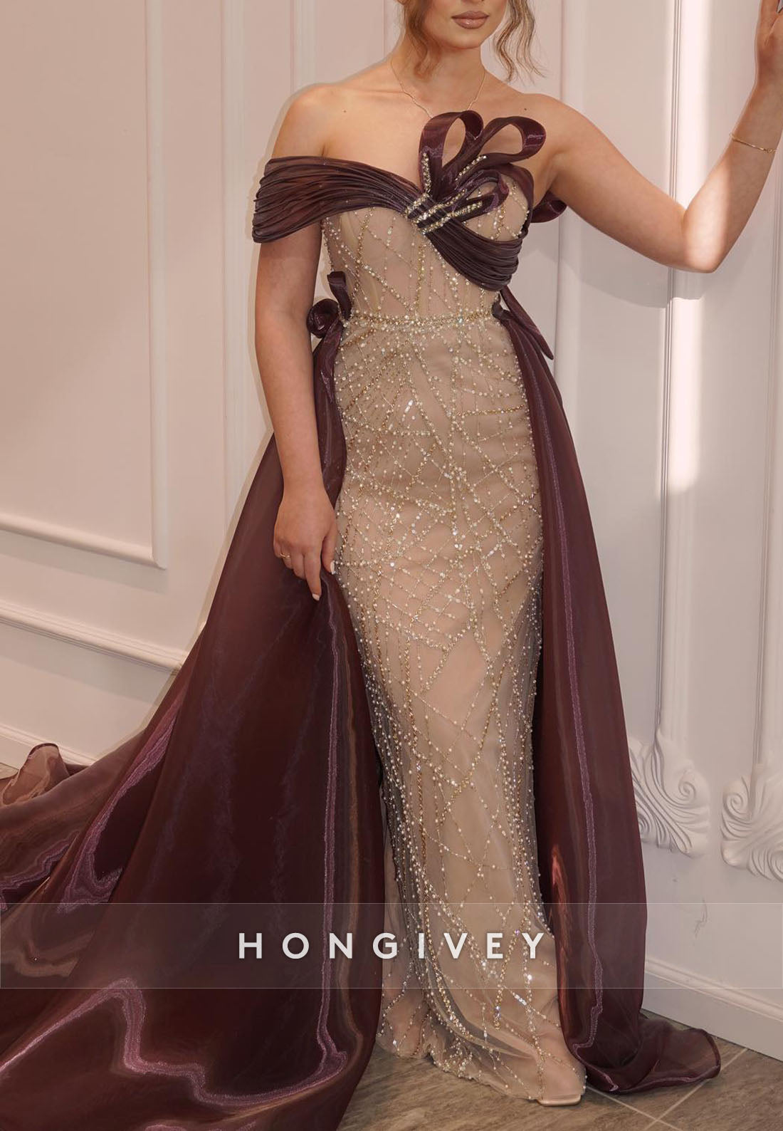 Sparkly Off the Shoulder Sheath Evening Gowns with Beading