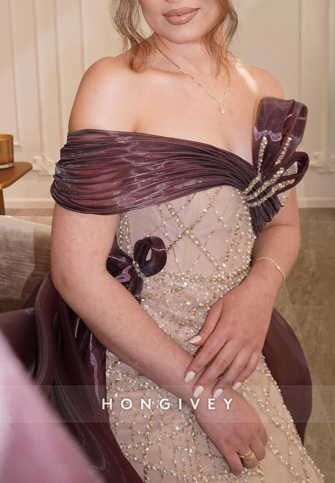 Sparkly Off the Shoulder Sheath Evening Gowns with Beading