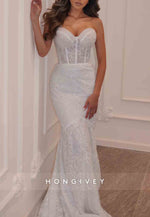 Sweetheart Strapless Trumpet Embroidery Wedding Dresses with Beading