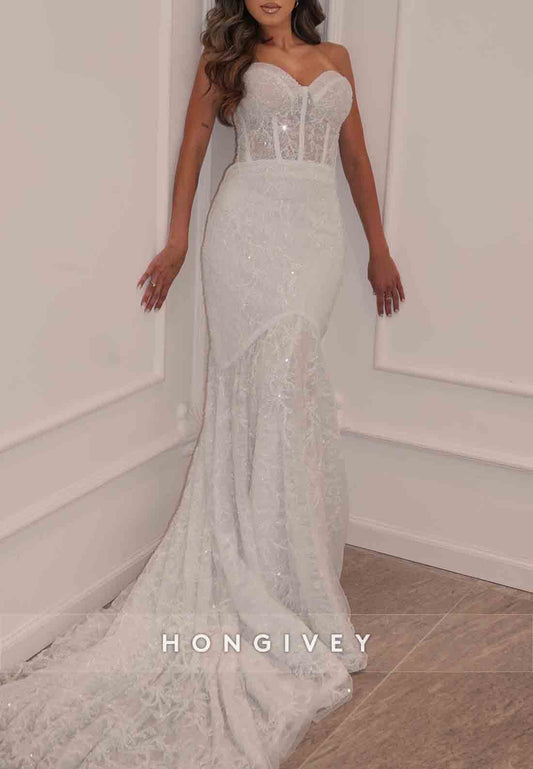 Sweetheart Strapless Trumpet Embroidery Wedding Dresses with Beading