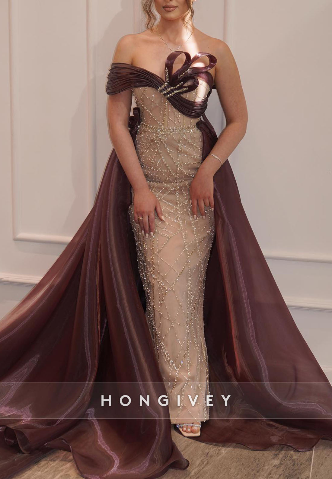 Sparkly Off the Shoulder Sheath Evening Gowns with Beading