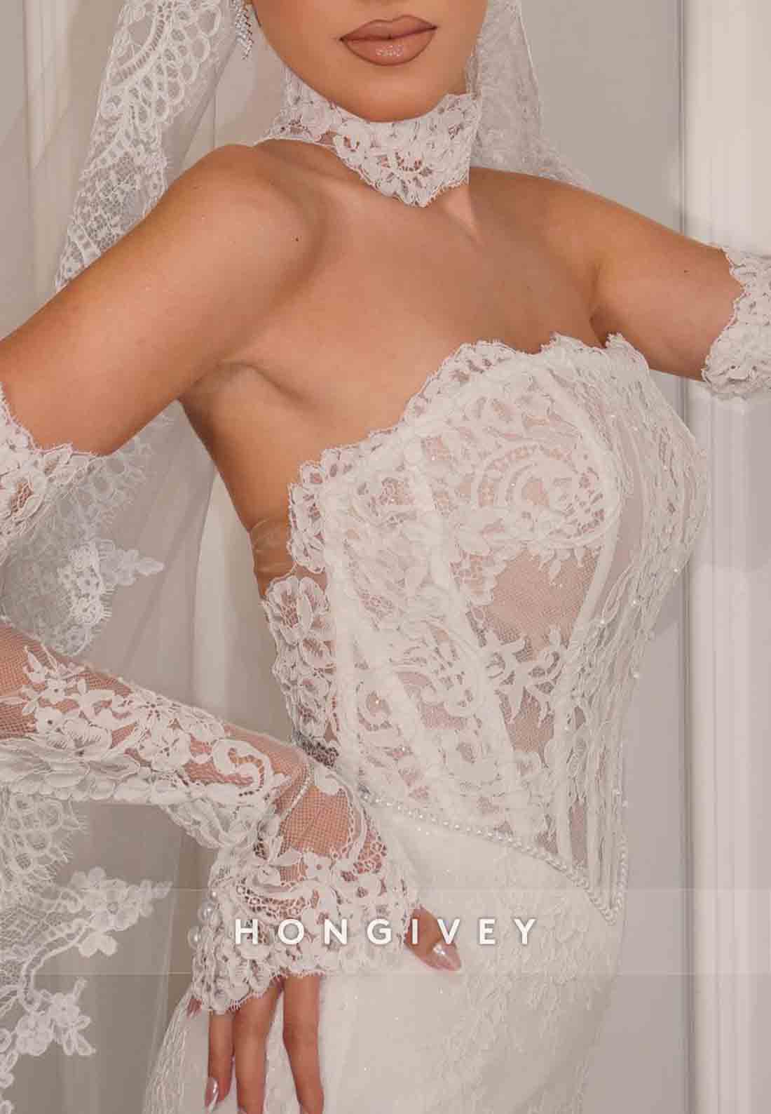 Strapless Mermaid Bridal Gown Lace Court Train Wedding Dresses