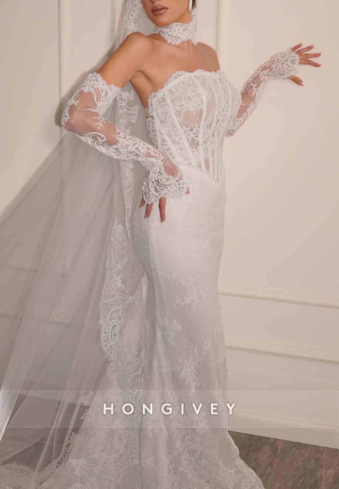 Strapless Mermaid Bridal Gown Lace Court Train Wedding Dresses