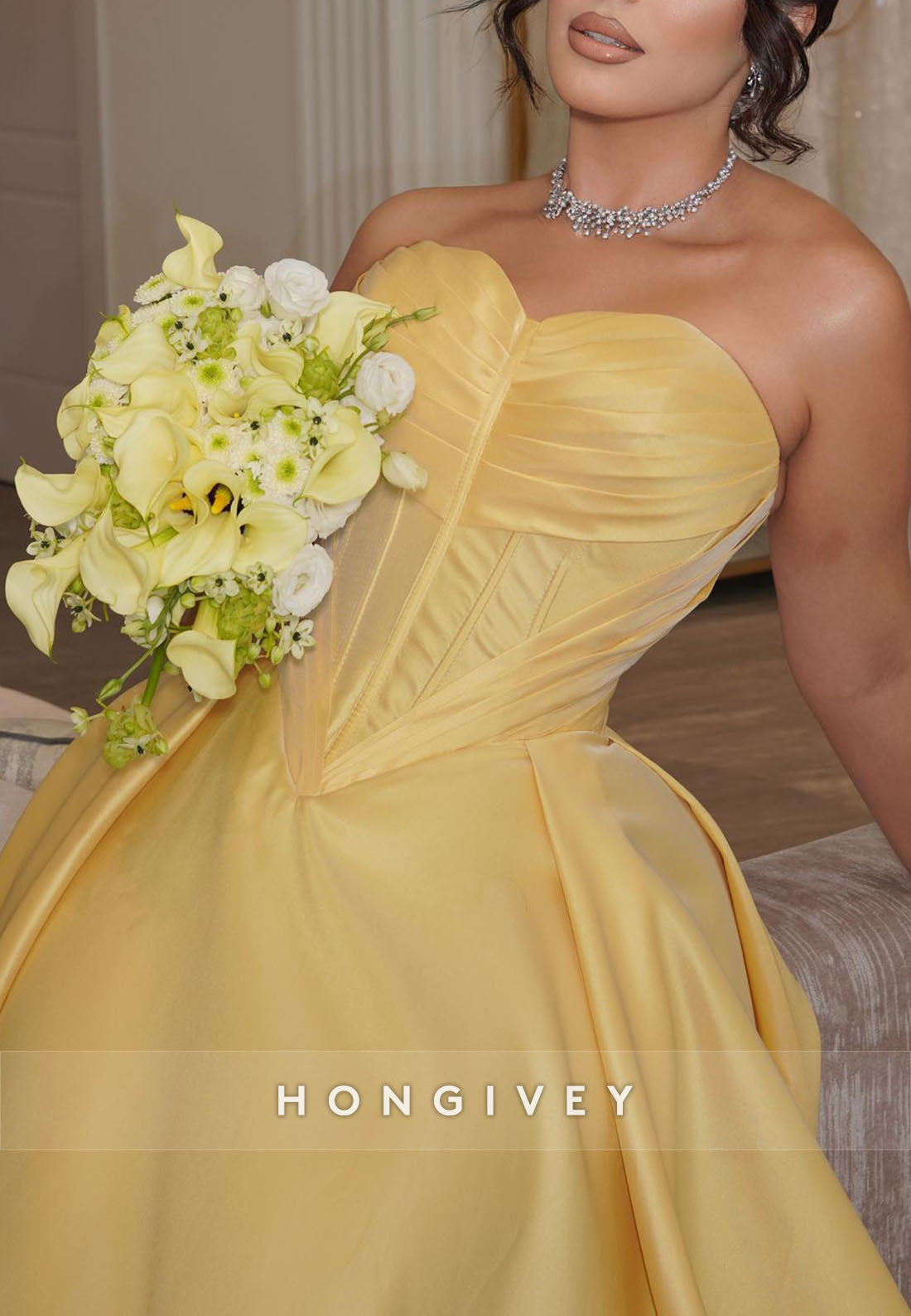 Yellow Sweetheart Satin A-Line Evening Gowns Empire Evening Gowns