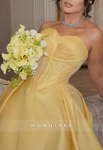 Yellow Sweetheart Satin A-Line Evening Gowns Empire Evening Gowns