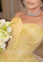 Yellow Sweetheart Satin A-Line Evening Gowns Empire Evening Gowns