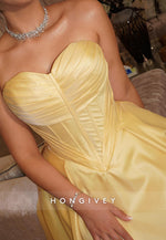 Yellow Sweetheart Satin A-Line Evening Gowns Empire Evening Gowns