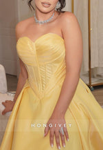 Yellow Sweetheart Satin A-Line Evening Gowns Empire Evening Gowns