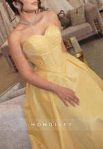 Yellow Sweetheart Satin A-Line Evening Gowns Empire Evening Gowns