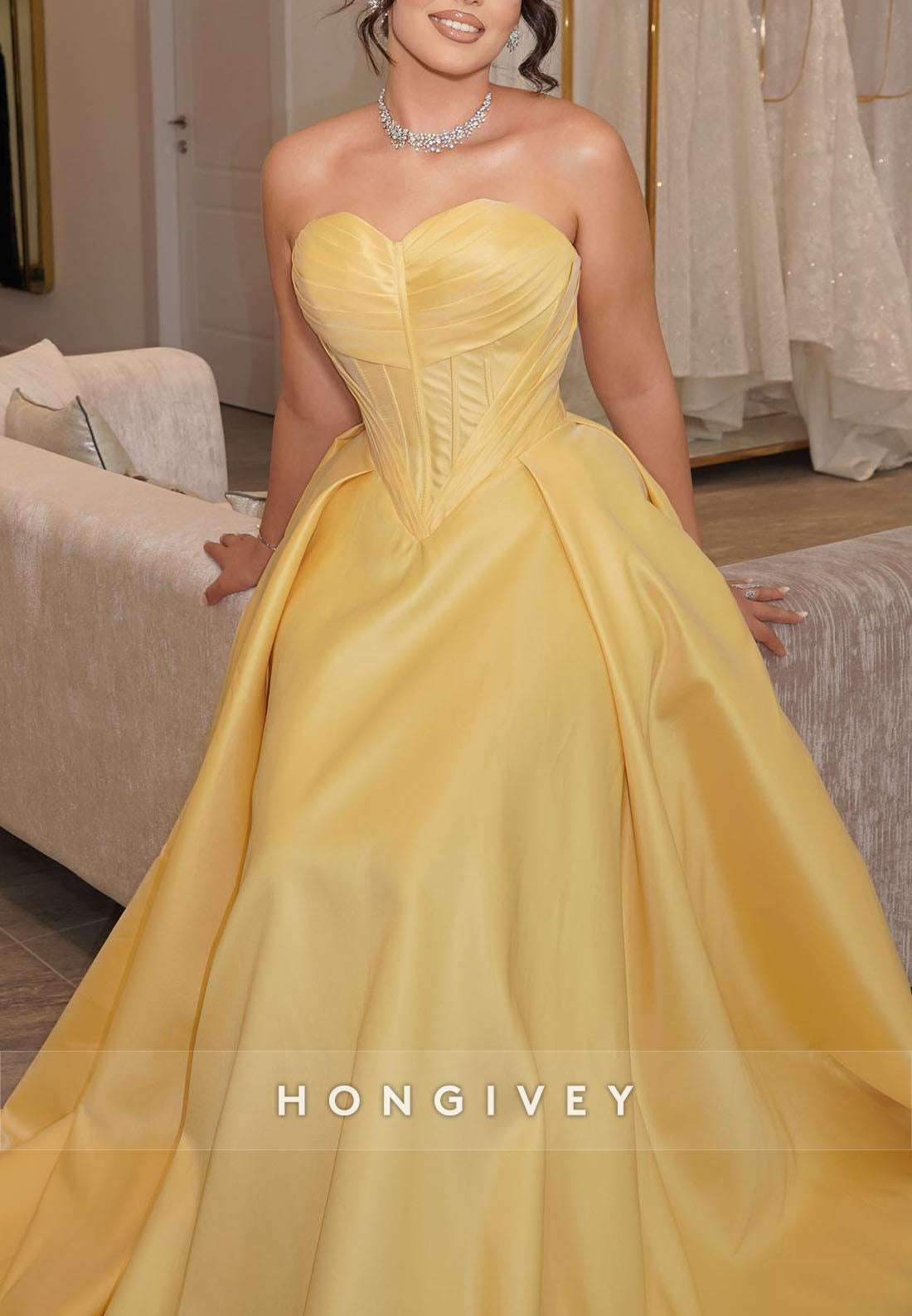 Yellow Sweetheart Satin A-Line Evening Gowns Empire Evening Gowns