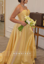 Yellow Sweetheart Satin A-Line Evening Gowns Empire Evening Gowns
