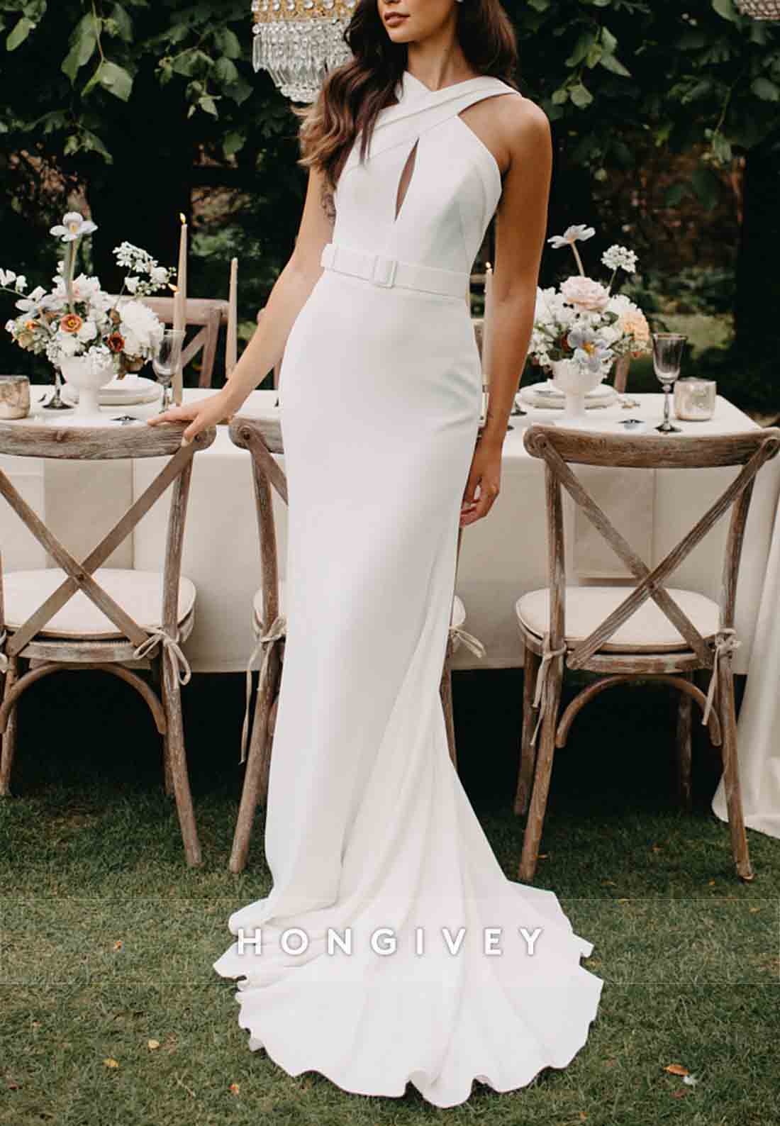 Keyhole Neck Sleeveless Sheath Waistband Sweep Train Wedding Dresses