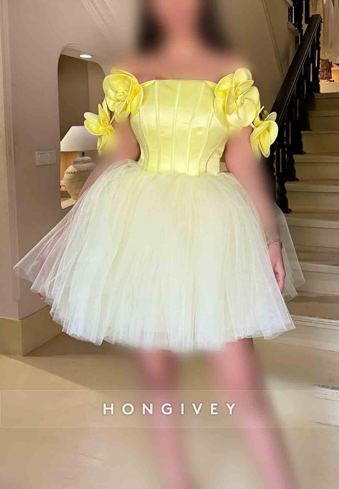 Yellow Off the Shoulder Ball Gowns Satin Flowers Short Homecoming Dresses