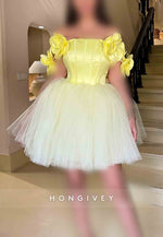 Yellow Off the Shoulder Ball Gowns Satin Flowers Short Homecoming Dresses