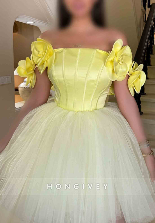 Yellow Off the Shoulder Ball Gowns Satin Flowers Short Homecoming Dresses