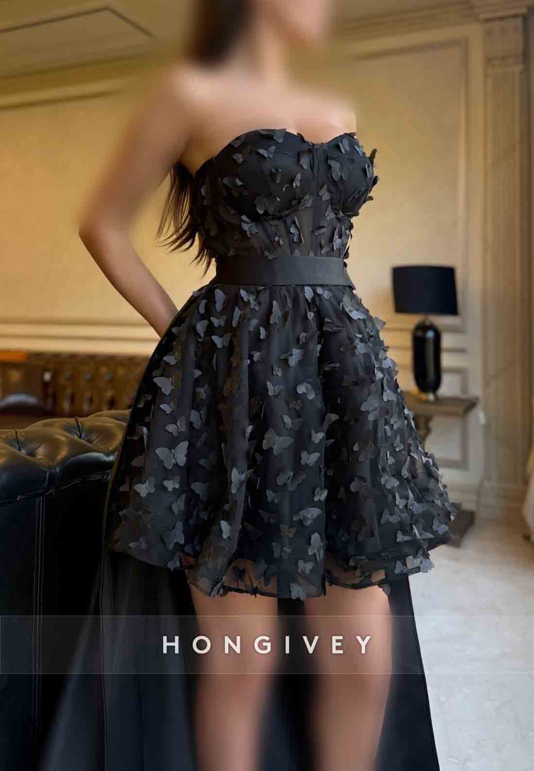 Strapless Black Short Sleeveless Detachable Princess Homecoming Dresses with Butterfly
