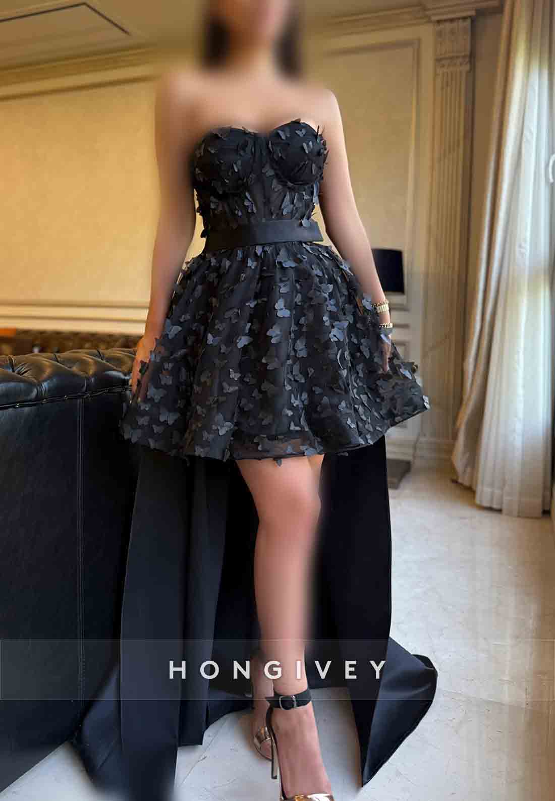 Strapless Black Short Sleeveless Detachable Princess Homecoming Dresses with Butterfly