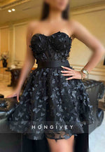 Strapless Black Short Sleeveless Detachable Princess Homecoming Dresses with Butterfly