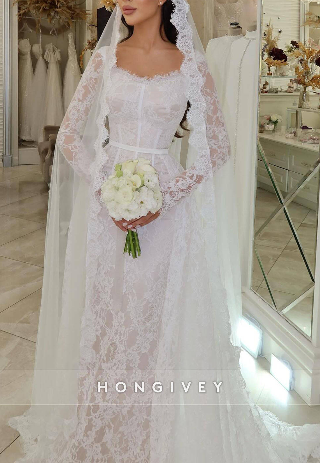 Elegant Long Sleeves Lace Floor-Length Mermaid Wedding Dresses