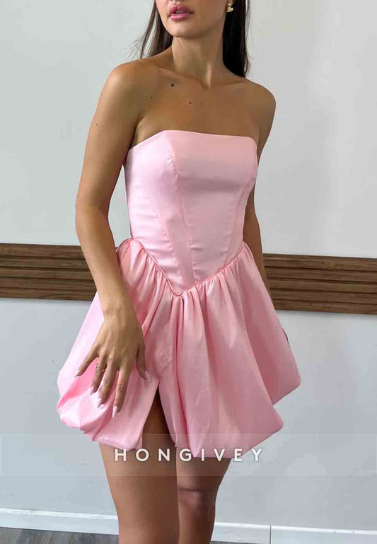 Sleeveless A-Line Pleated Strapless Side Slit Mini Homecoming Dresses