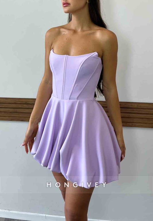 Simple Lilac Strapless A-Line Short Sleeveless Pleated Homecoming Dresses