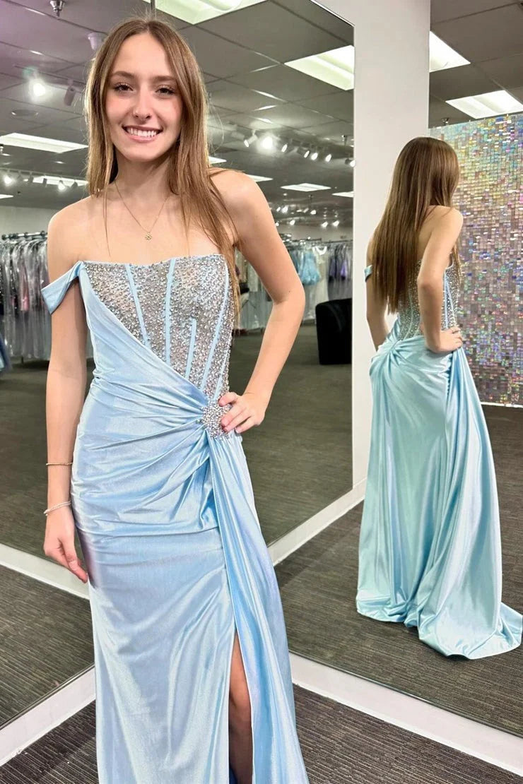 One Shoulder Sleeveless Spaekle Beaded Mermaid Side Slit Prom Dress