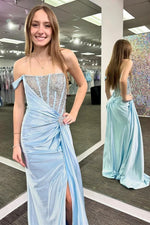 One Shoulder Sleeveless Spaekle Beaded Mermaid Side Slit Prom Dress