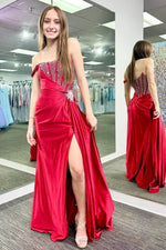 One Shoulder Sleeveless Spaekle Beaded Mermaid Side Slit Prom Dress