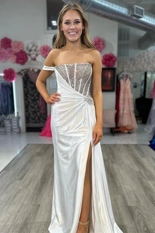 One Shoulder Sleeveless Spaekle Beaded Mermaid Side Slit Prom Dress