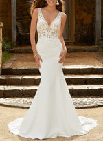 Satin Lace Mermaid Fitted V Neck Wedding Dresses Appliques Lace Sweep Train