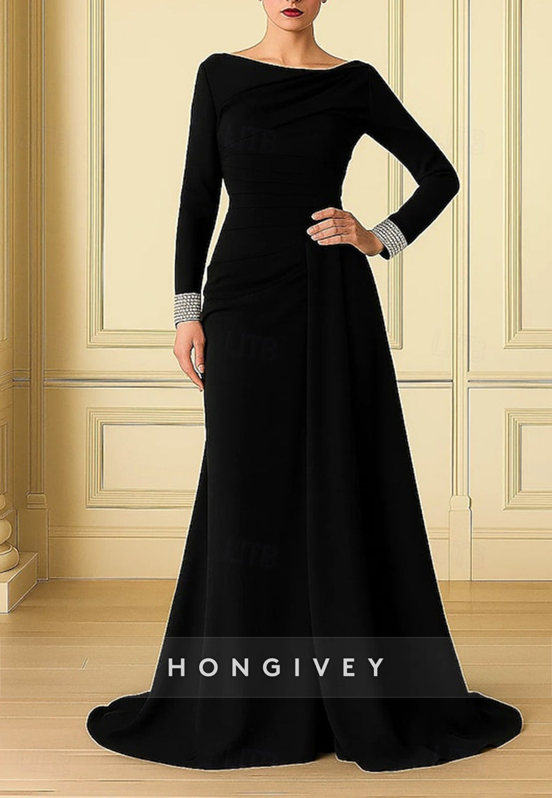 Trumpet Evening Gown Sweep Train Crystal Embellished Long Sleeve Formal Dress